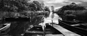 Preview wallpaper boats, pond, trees, bw