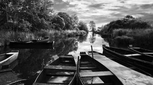 Preview wallpaper boats, pond, trees, bw