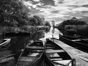 Preview wallpaper boats, pond, trees, bw