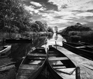 Preview wallpaper boats, pond, trees, bw