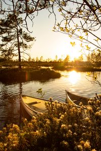 Preview wallpaper boats, river, rays, bushes