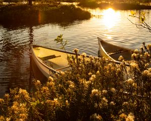 Preview wallpaper boats, river, rays, bushes