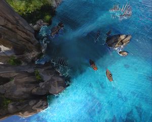 Preview wallpaper boats, rocks, ocean, top view, art