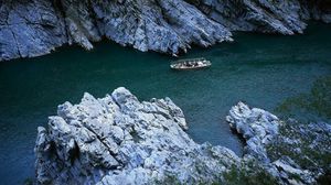 Preview wallpaper boats, rocks, river