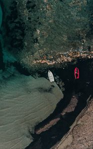 Preview wallpaper boats, rocks, water, shore, aerial view