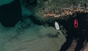 Preview wallpaper boats, rocks, water, shore, aerial view