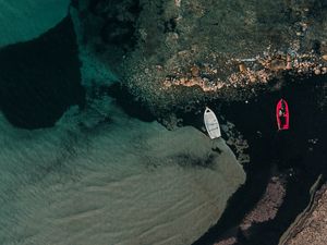 Preview wallpaper boats, rocks, water, shore, aerial view