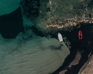 Preview wallpaper boats, rocks, water, shore, aerial view