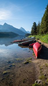 Preview wallpaper boats, shore, river, mountains, nature