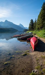 Preview wallpaper boats, shore, river, mountains, nature