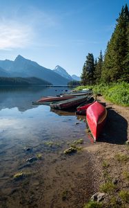 Preview wallpaper boats, shore, river, mountains, nature