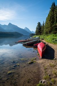 Preview wallpaper boats, shore, river, mountains, nature