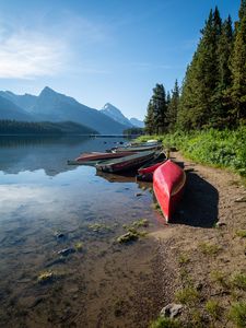 Preview wallpaper boats, shore, river, mountains, nature