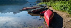 Preview wallpaper boats, shore, river, mountains, nature