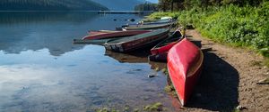 Preview wallpaper boats, shore, river, mountains, nature