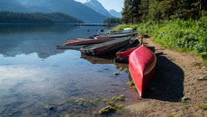 Preview wallpaper boats, shore, river, mountains, nature