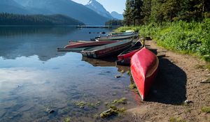 Preview wallpaper boats, shore, river, mountains, nature