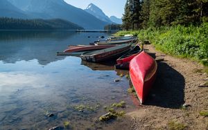 Preview wallpaper boats, shore, river, mountains, nature