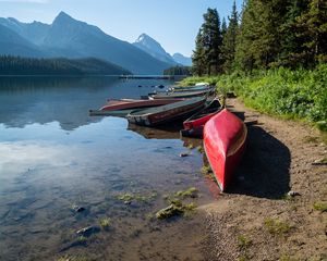 Preview wallpaper boats, shore, river, mountains, nature