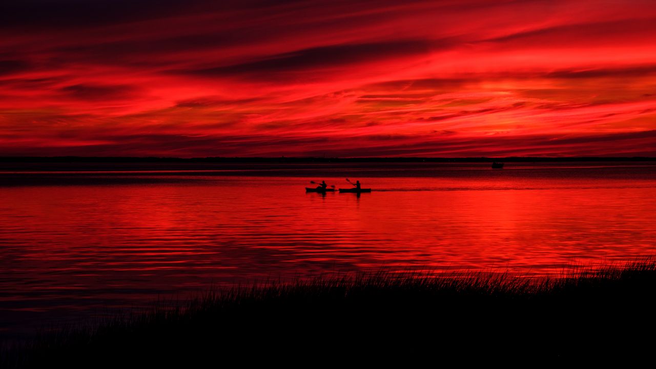 Wallpaper boats, silhouettes, river, twilight