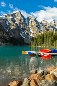 Preview wallpaper boats, water, mountains, forest