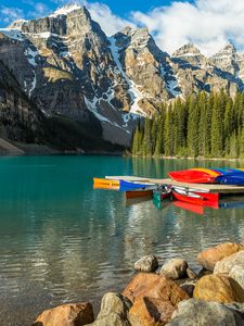 Preview wallpaper boats, water, mountains, forest
