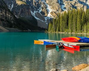 Preview wallpaper boats, water, mountains, forest