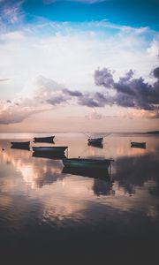 Preview wallpaper boats, water, sunset, dusk, shore