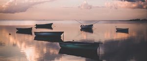 Preview wallpaper boats, water, sunset, dusk, shore