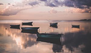 Preview wallpaper boats, water, sunset, dusk, shore