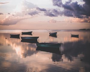 Preview wallpaper boats, water, sunset, dusk, shore