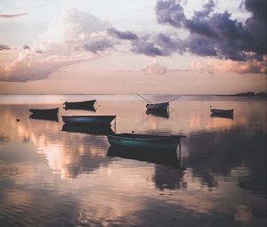 Preview wallpaper boats, water, sunset, dusk, shore
