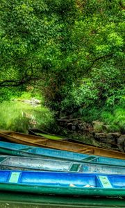 Preview wallpaper boats, wood, lake, vegetation