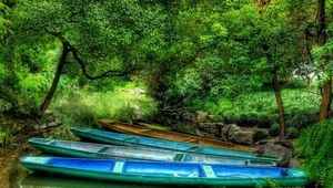 Preview wallpaper boats, wood, lake, vegetation