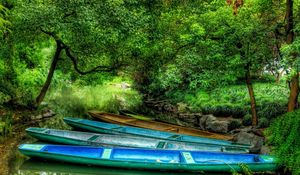 Preview wallpaper boats, wood, lake, vegetation