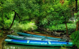 Preview wallpaper boats, wood, lake, vegetation