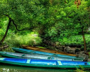 Preview wallpaper boats, wood, lake, vegetation