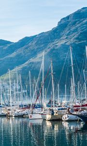 Preview wallpaper boats, yachts, masts, sea, mountains