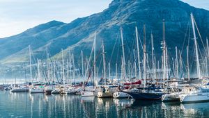 Preview wallpaper boats, yachts, masts, sea, mountains