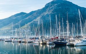 Preview wallpaper boats, yachts, masts, sea, mountains