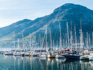 Preview wallpaper boats, yachts, masts, sea, mountains