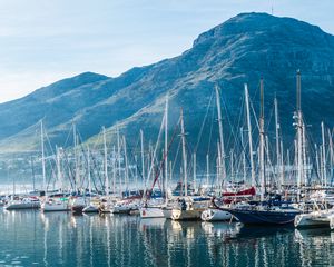 Preview wallpaper boats, yachts, masts, sea, mountains