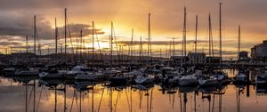 Preview wallpaper boats, yachts, sunset, bay, dark