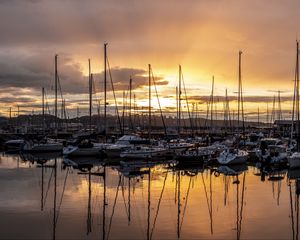 Preview wallpaper boats, yachts, sunset, bay, dark