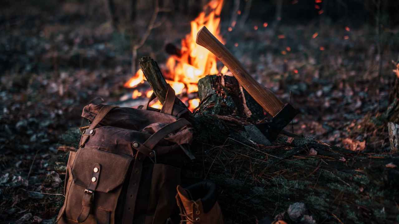 Wallpaper bonfire, ax, backpack, boots, nature