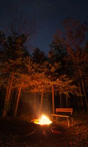 Preview wallpaper bonfire, bench, forest, night