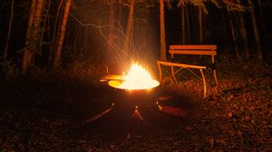 Preview wallpaper bonfire, bench, forest, night