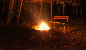 Preview wallpaper bonfire, bench, forest, night