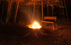 Preview wallpaper bonfire, bench, forest, night