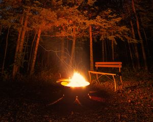 Preview wallpaper bonfire, bench, forest, night